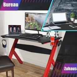 Bureau Gaming Table de Jeu Bureau dOrdinateur pour Bureau a Domicile avec 1 Porte Gobelet dEau 2 Support de Manette de Jeu
