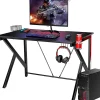Bureau Gaming Table en Bois pour Gaming avec Crochet pour Casque Porte Gobelet Support pour CD Bureau de Jeu en Forme de K