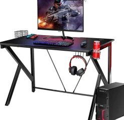 Bureau Gaming Table en Bois pour Gaming avec Crochet pour Casque Porte Gobelet Support pour CD Bureau de Jeu en Forme de K