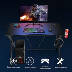 Bureau Gaming Table en Bois pour Gaming avec Crochet pour Casque Porte Gobelet Support pour CD Bureau de Jeu en Forme de K