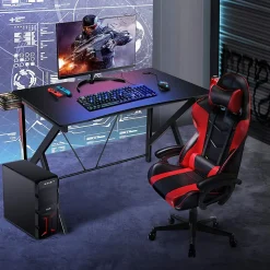 Bureau Gaming Table en Bois pour Gaming avec Crochet pour Casque Porte Gobelet Support pour CD Bureau de Jeu en Forme de K