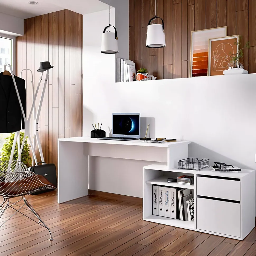 Bureau Gardena, Bureau multi-positions pour le bureau ou la chambre, Table d'étude d'angle polyvalente, 139x92h75 cm, Blanc