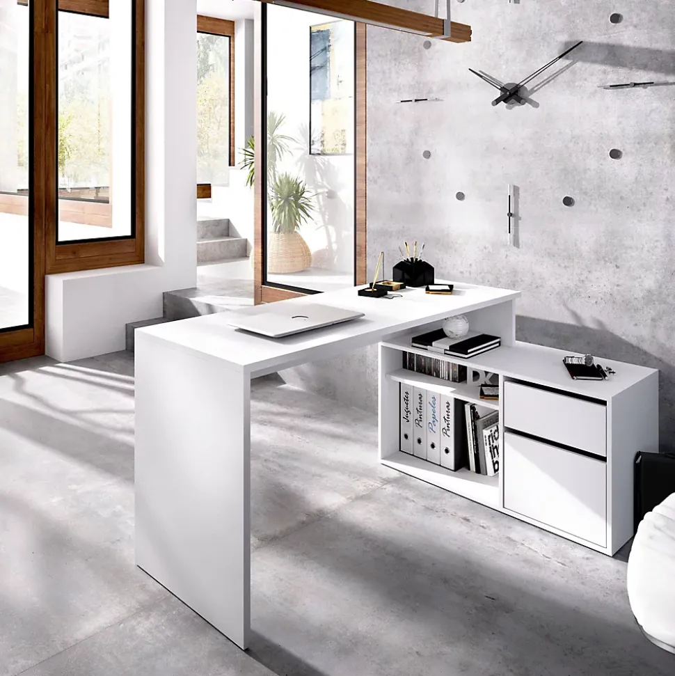 Bureau Gardena, Bureau multi-positions pour le bureau ou la chambre, Table d'étude d'angle polyvalente, 139x92h75 cm, Blanc
