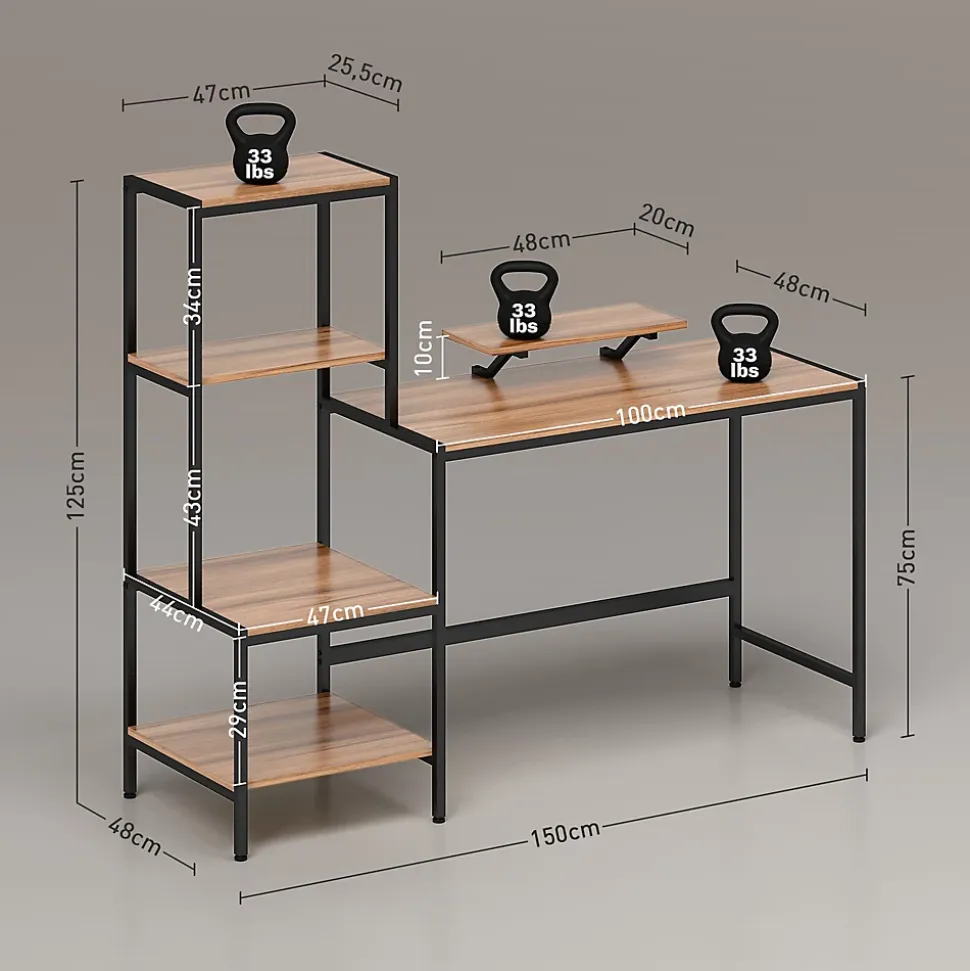 Bureau Informatique - Support Moniteur et Espace Imprimante, Étageres de Rangement, Panneau de Particules, Brun