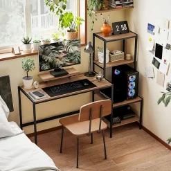 Bureau Informatique - Support Moniteur et Espace Imprimante, Étageres de Rangement, Panneau de Particules, Brun