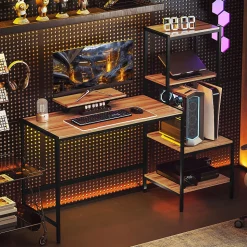 Bureau Informatique - Support Moniteur et Espace Imprimante, Étageres de Rangement, Panneau de Particules, Brun