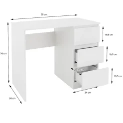 Bureau informatique avec 3 tiroirs table de travail blanc mat + materiel montage