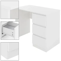Bureau informatique avec 3 tiroirs table de travail blanc mat + materiel montage