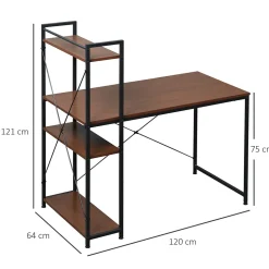 Bureau informatique design industriel avec bibliothèque 3 étagères panneaux particules aspect noyer métal noir