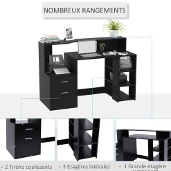 Bureau informatique multimédia design multi-rangement dim. 137 x 55 x 92 cm noir