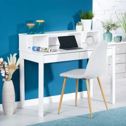 Bureau LENNOX, avec 2 tiroirs et 3 niches, en pin massif lasuré blanc