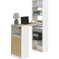 Bureau LUNG avec rangements et placard 2 personnes blanc et bois