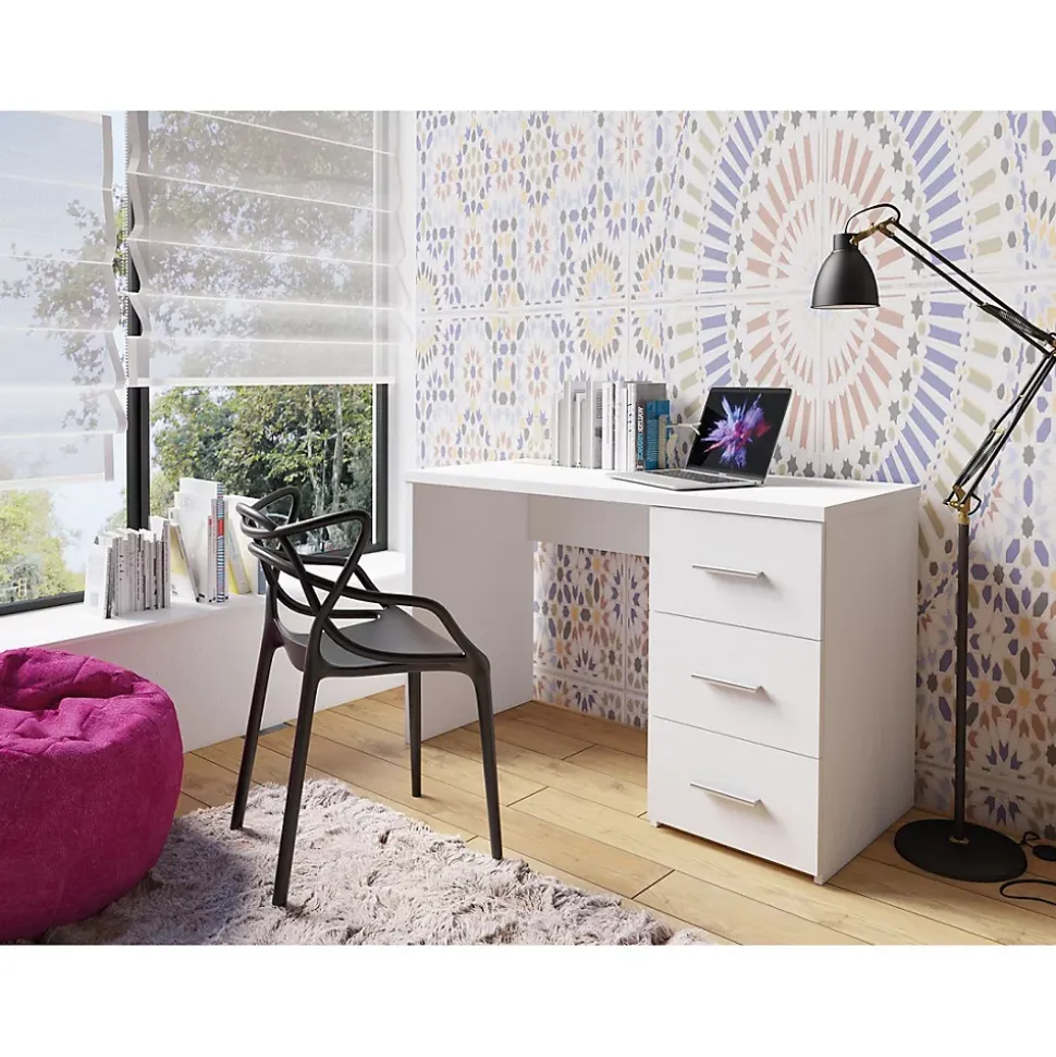 Bureau LUNIS blanc 3 grands tiroirs Design minimaliste et rangement généreux