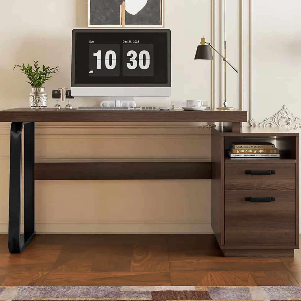 Bureau Moderne avec Tiroir Silencieux, Rangement Multifonction et Support Dossiers, MDF+Métal, 135x54x76,3 cm, Brun