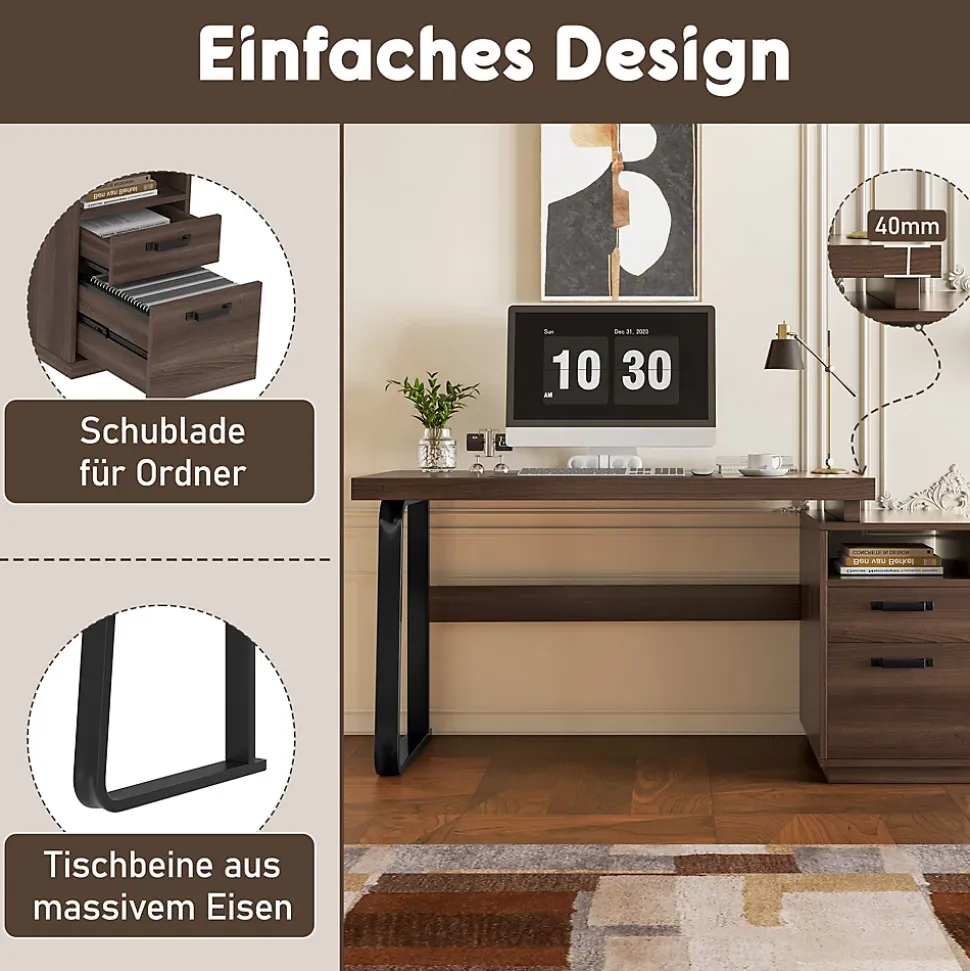 Bureau Moderne avec Tiroir Silencieux, Rangement Multifonction et Support Dossiers, MDF+Métal, 135x54x76,3 cm, Brun