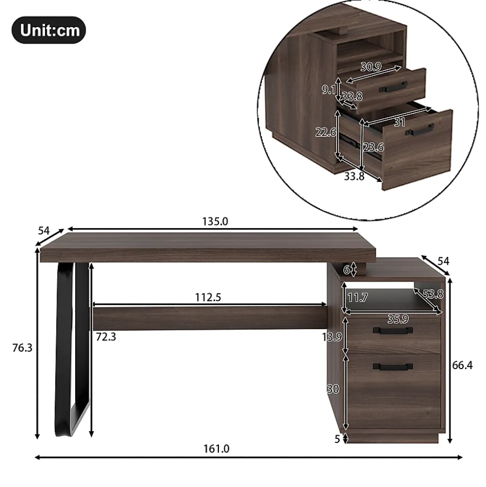 Bureau Moderne avec Tiroir Silencieux, Rangement Multifonction et Support Dossiers, MDF+Métal, 135x54x76,3 cm, Brun