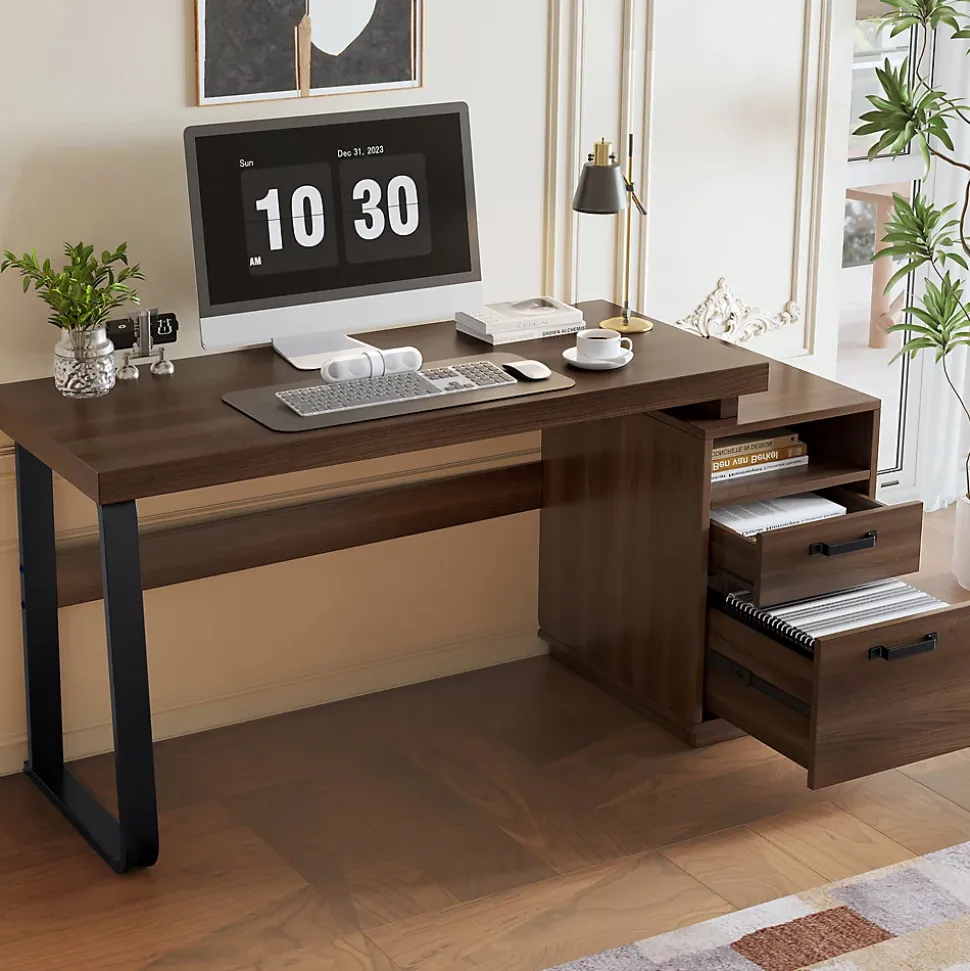Bureau Moderne avec Tiroir Silencieux, Rangement Multifonction et Support Dossiers, MDF+Métal, 135x54x76,3 cm, Brun