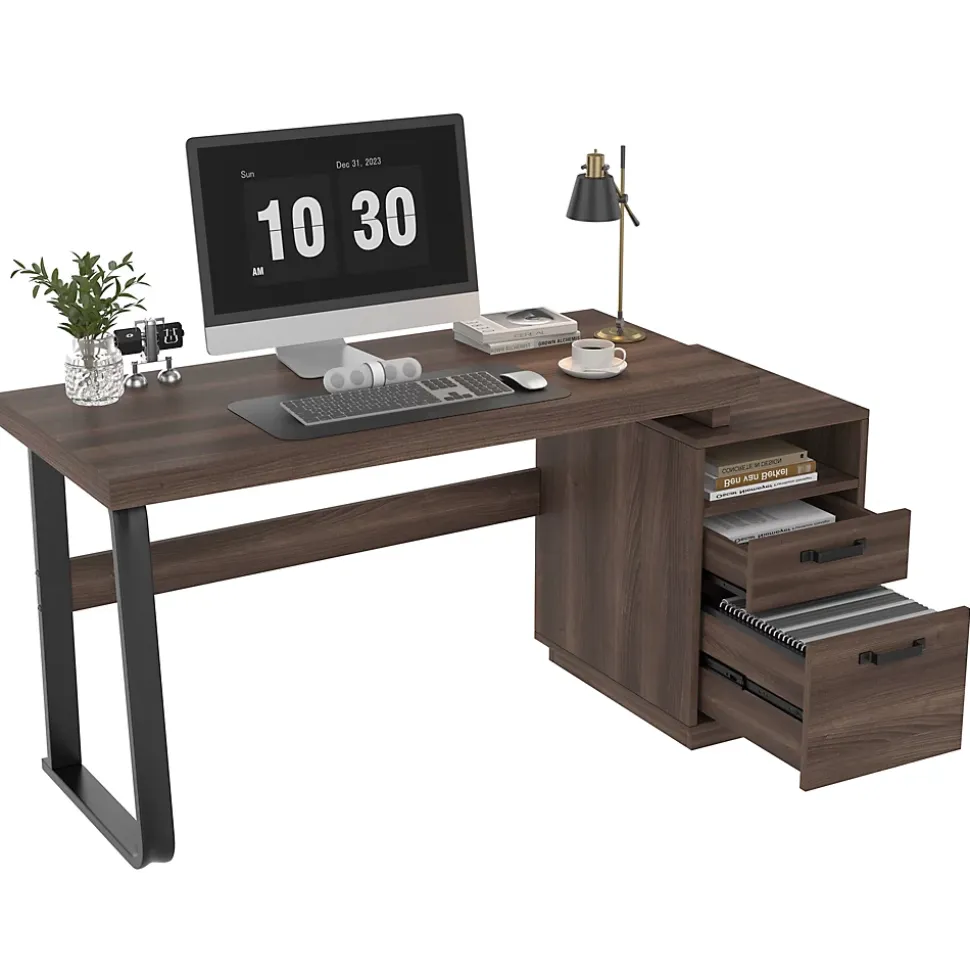 Bureau Moderne avec Tiroir Silencieux, Rangement Multifonction et Support Dossiers, MDF+Métal, 135x54x76,3 cm, Brun