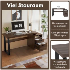 Bureau Moderne avec Tiroir Silencieux, Rangement Multifonction et Support Dossiers, MDF+Métal, 135x54x76,3 cm, Brun
