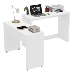 Bureau modulable avec table mobile et rangement, Panneaux de Particules, Roulettes, 110x40x78 cm, Blanc
