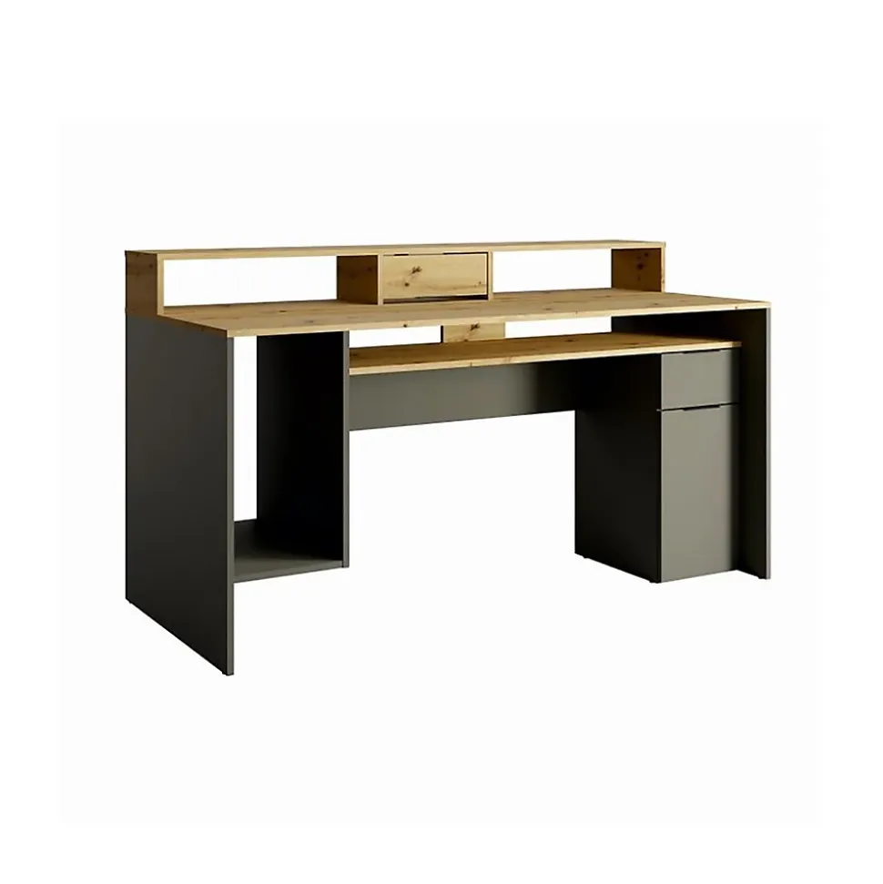 Bureau ordinateur 160cm collection ROXI coloris chene et gris avec rangements