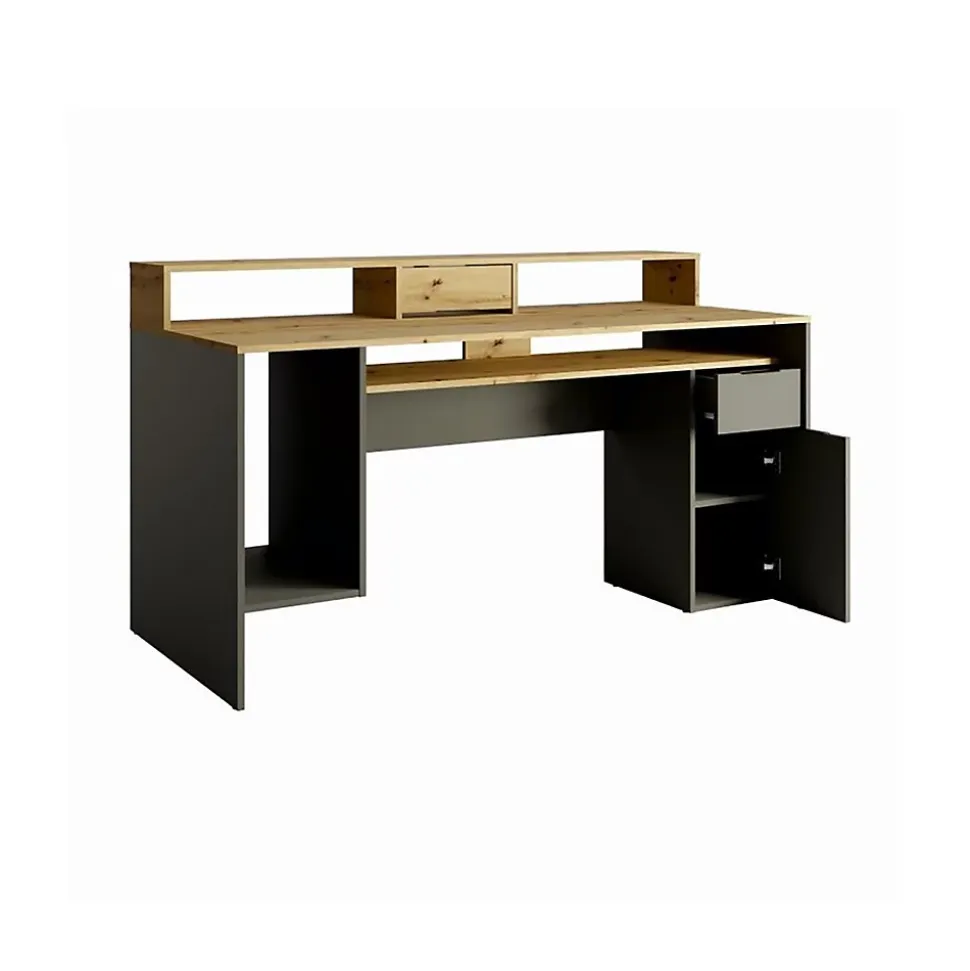 Bureau ordinateur 160cm collection ROXI coloris chene et gris avec rangements