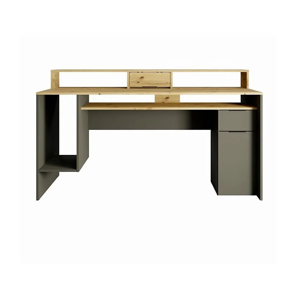 Bureau ordinateur 160cm collection ROXI coloris chene et gris avec rangements