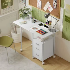 Bureau pliable sur roulettes avec rangement 3 tiroirs dim. totales 105x51x75,5cm métal effet bois blanc
