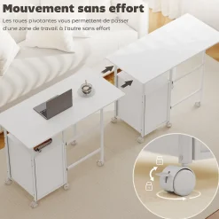 Bureau pliable sur roulettes avec rangement 3 tiroirs dim. totales 105x51x75,5cm métal effet bois blanc