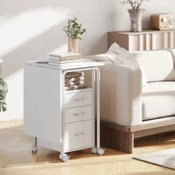 Bureau pliable sur roulettes avec rangement 3 tiroirs dim. totales 105x51x75,5cm métal effet bois blanc