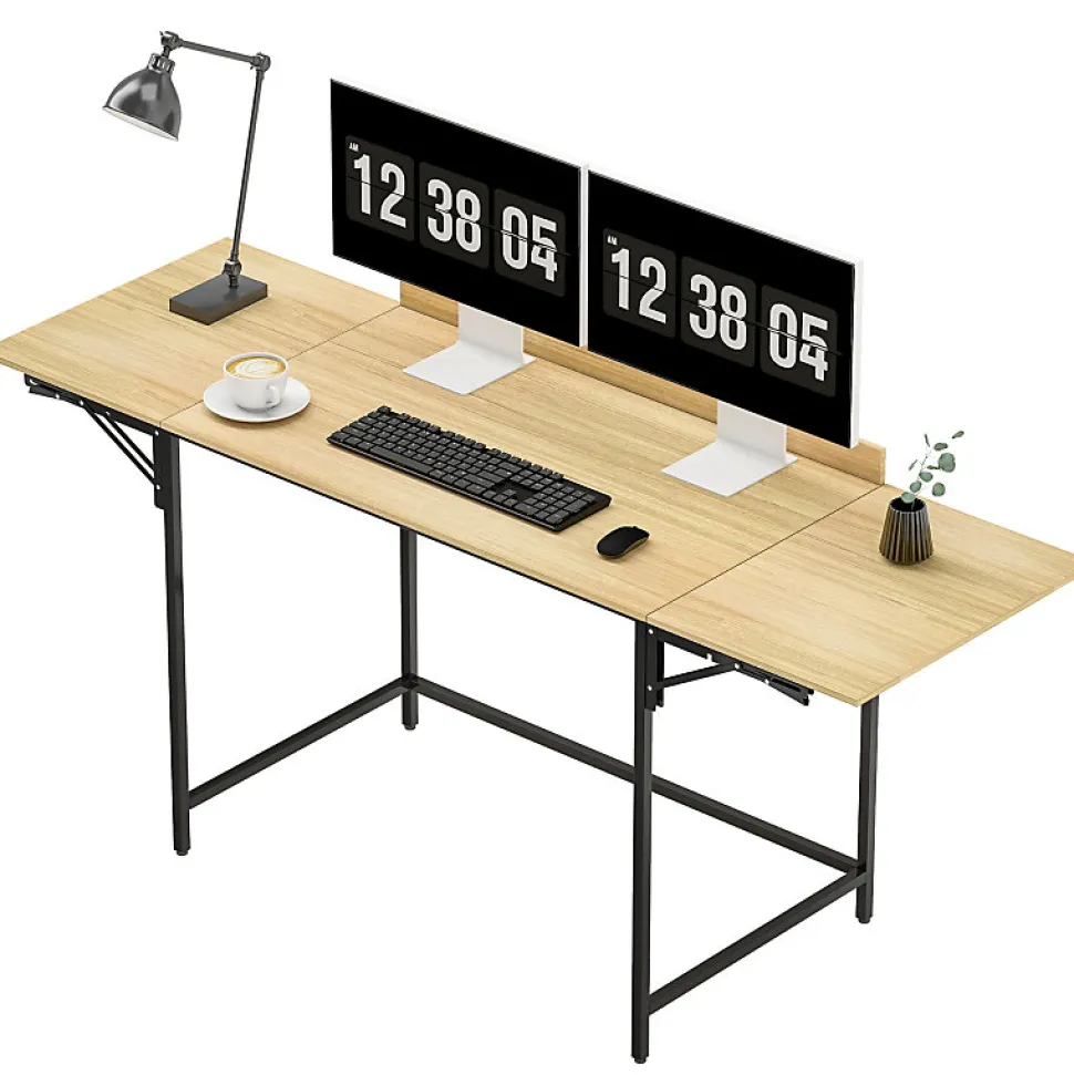 Bureau Pliant - Bureau à deux Niveaux pour Ordinateur avec Structure Métal, design Industriel, Chêne, 170x58x78 cm