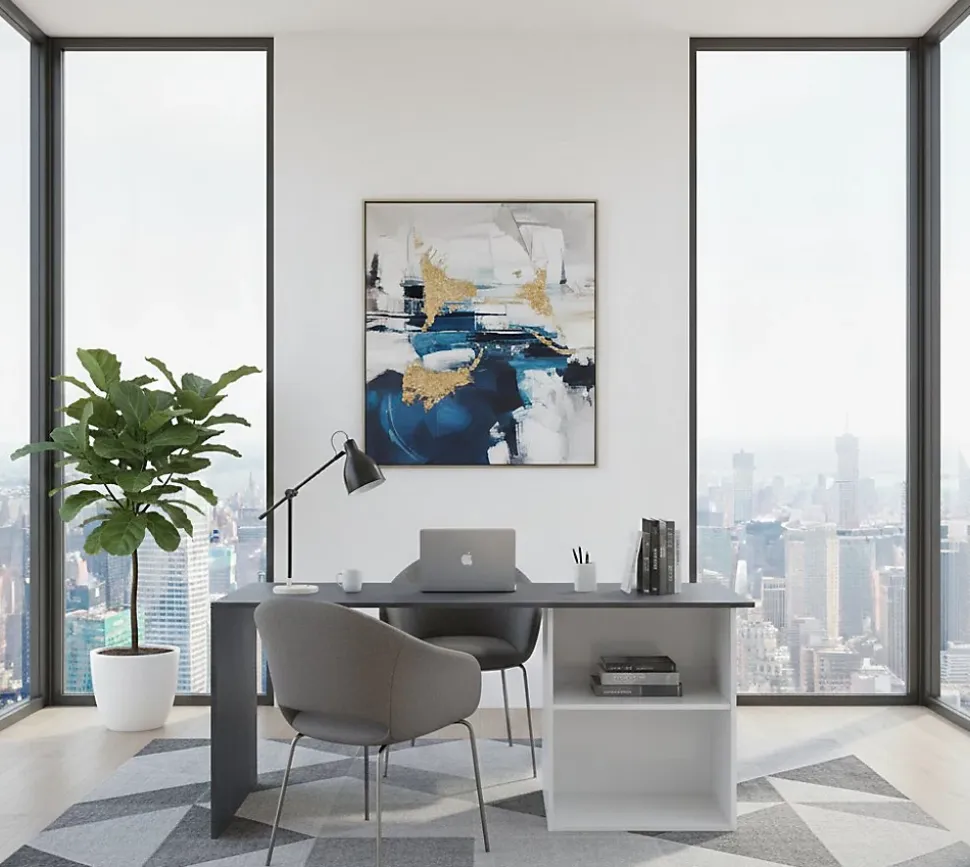 Bureau Raimondo, Bureau PC Linéaire, Table de bureau polyvalente, Bureau peu encombrant, 110x50h75 cm, Blanc brillant et ardoise