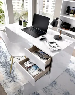 Bureau Réversible coloris blanc brillant - Longueur 139 x Profondeur 60 x Hauteur 75 cm
