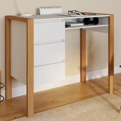 Bureau scandinave HUGO avec 3 tiroirs et niche blanc et bois