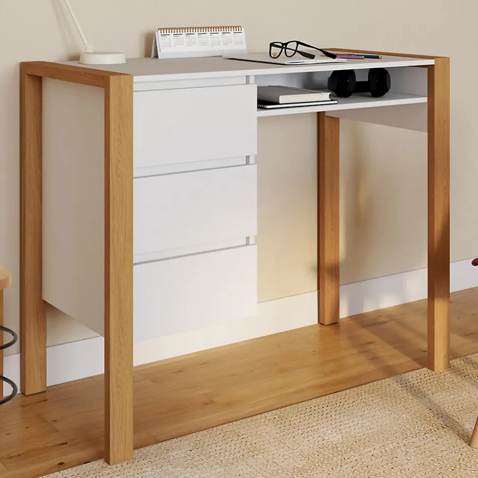 Bureau scandinave HUGO avec 3 tiroirs et niche blanc et bois
