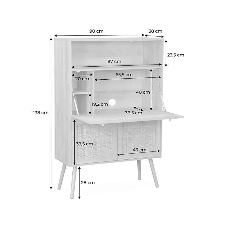 Bureau secrétaire décor bois et cannage 2 portes naturel - Boheme
