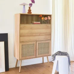 Bureau secrétaire décor bois et cannage 2 portes naturel - Boheme