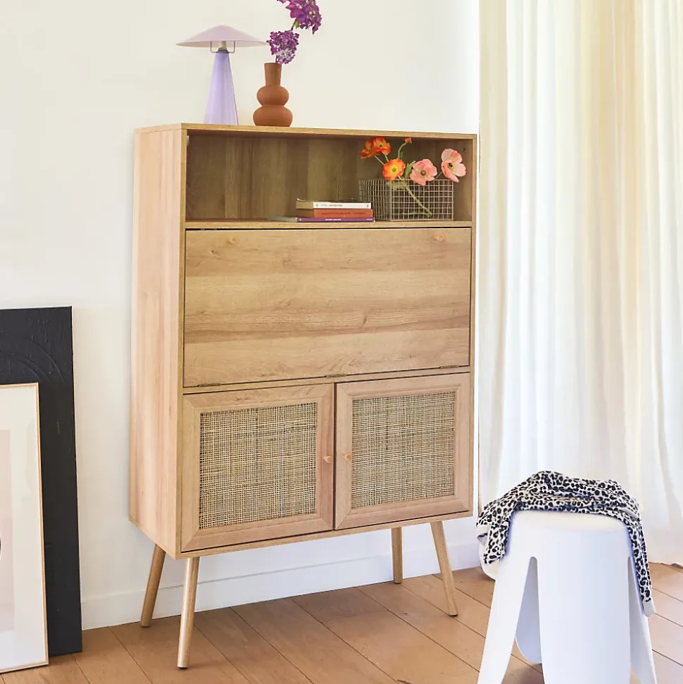 Bureau secrétaire décor bois et cannage 2 portes naturel - Boheme