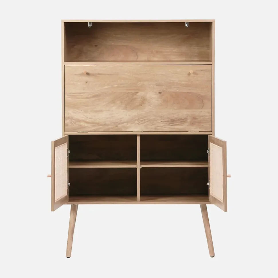 Bureau secrétaire décor bois et cannage 2 portes naturel - Boheme