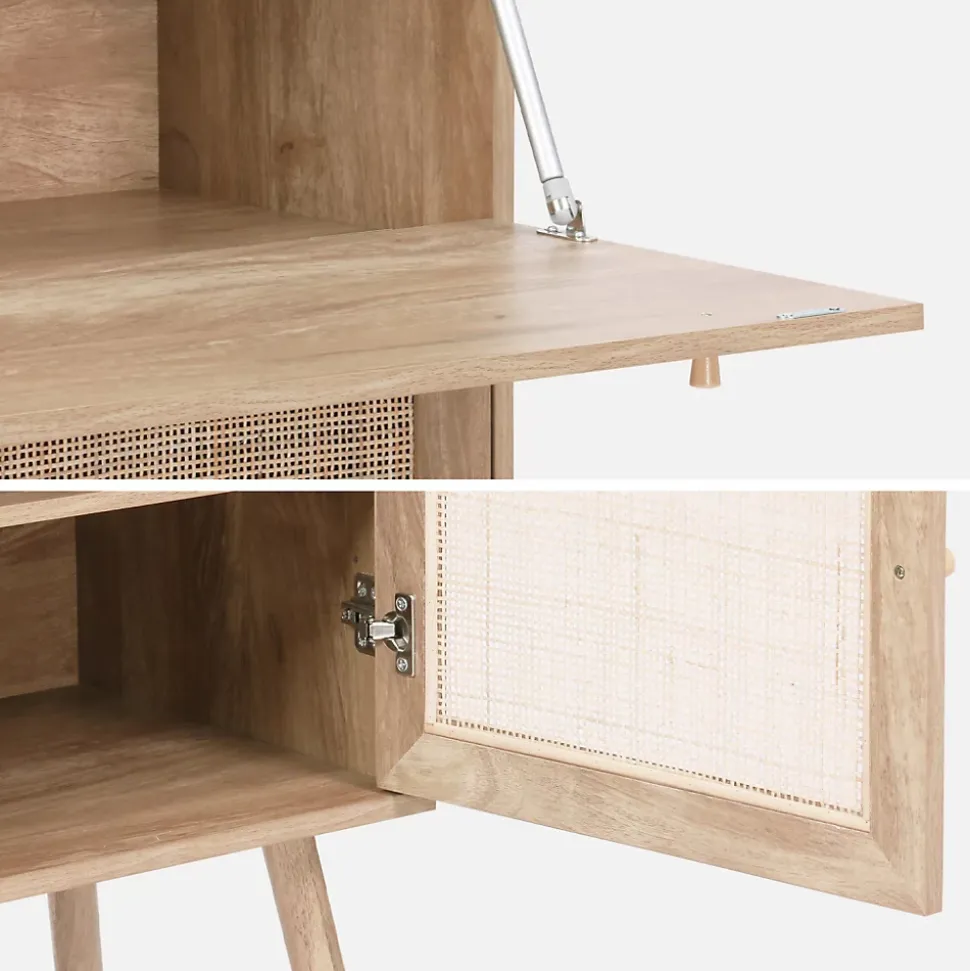 Bureau secrétaire décor bois et cannage 2 portes naturel - Boheme