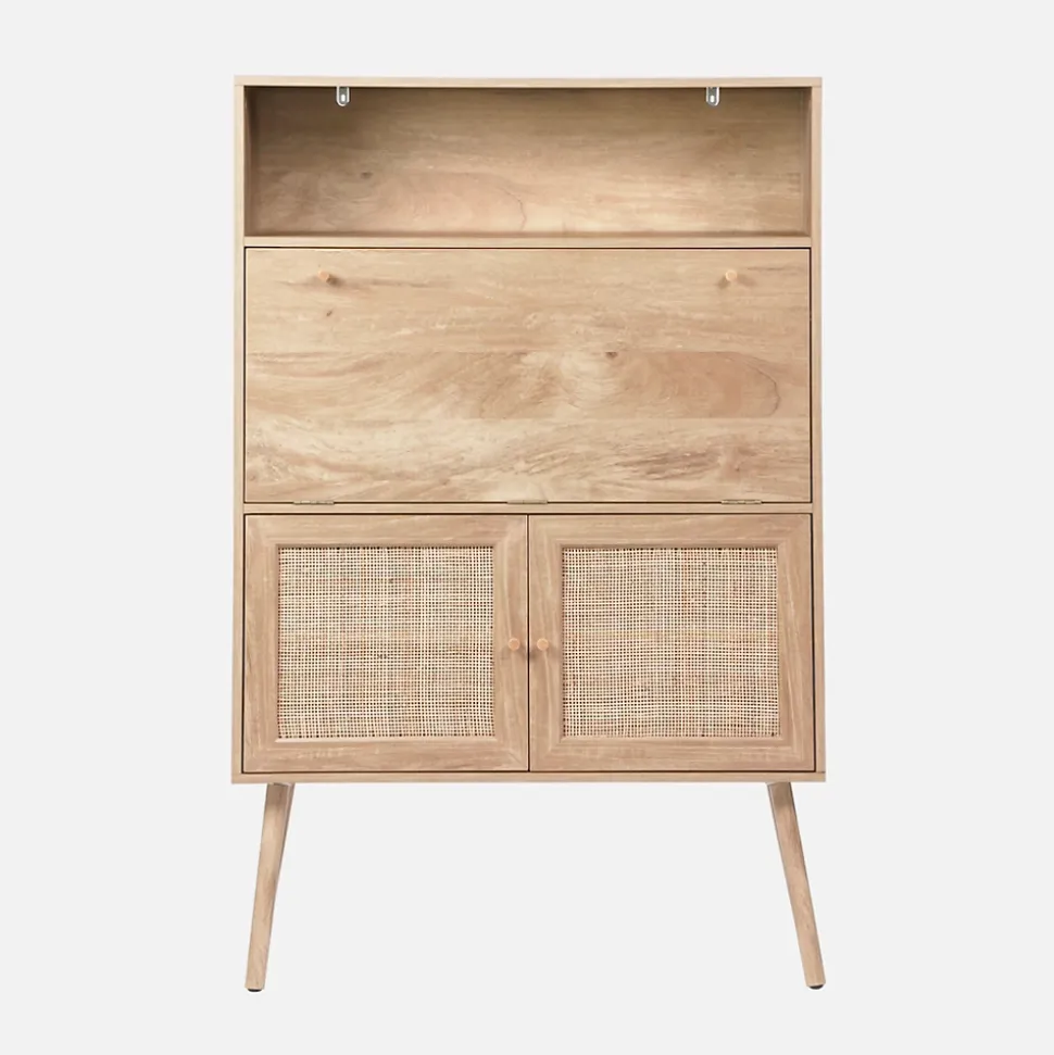 Bureau secrétaire décor bois et cannage 2 portes naturel - Boheme