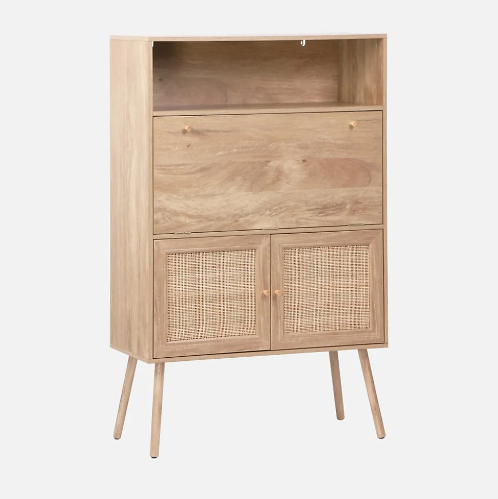 Bureau secrétaire décor bois et cannage 2 portes naturel - Boheme