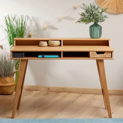 Bureau secrétaire LUNA avec niches 110 x 84 x 54 cm, En bois de pin massif, Rangement élégant et compact, Petit bureau, Brun
