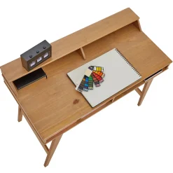 Bureau secrétaire LUNA avec niches 110 x 84 x 54 cm, En bois de pin massif, Rangement élégant et compact, Petit bureau, Brun