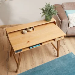 Bureau secrétaire LUNA avec niches 110 x 84 x 54 cm, En bois de pin massif, Rangement élégant et compact, Petit bureau, Brun