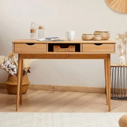 Bureau STEFANO en pin massif avec 2 tiroirs et 1 niche lasuré brun
