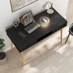 Bureau STEFANO en pin massif avec 2 tiroirs et 1 niche - Coloris noir et chêne
