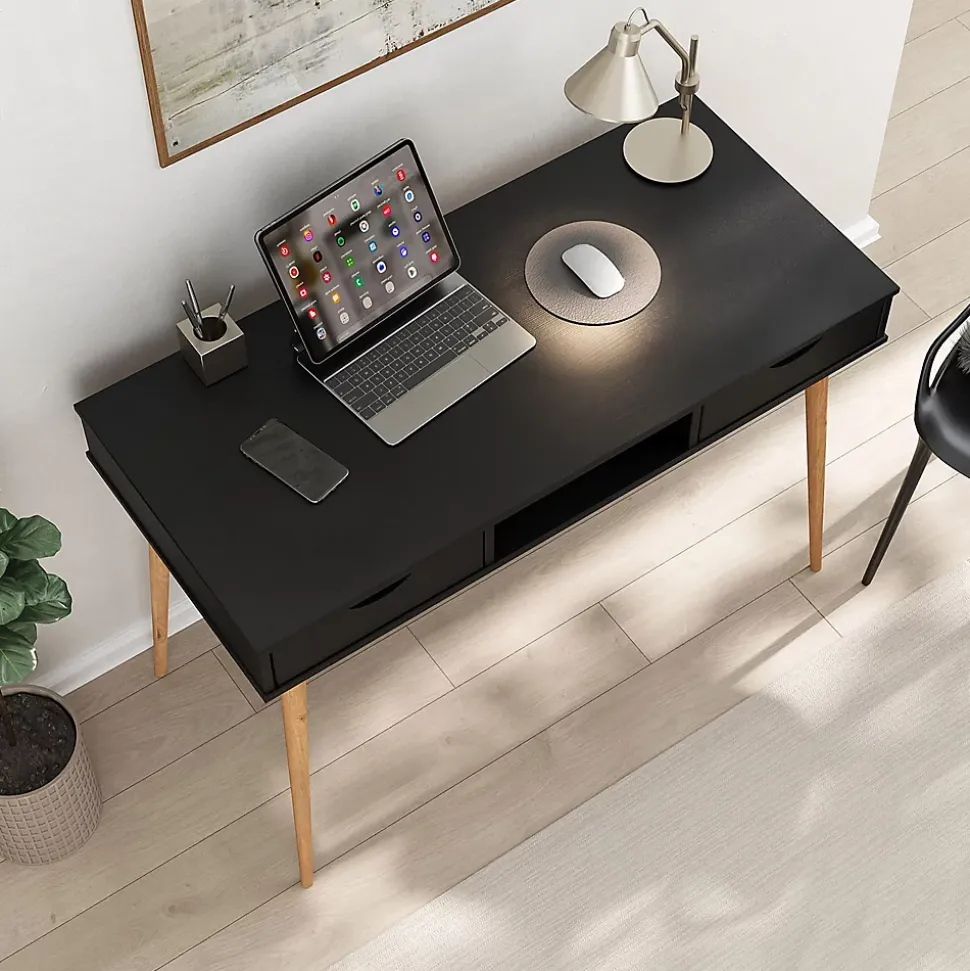 Bureau STEFANO en pin massif avec 2 tiroirs et 1 niche - Coloris noir et chêne