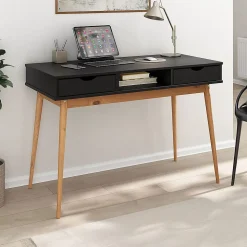 Bureau STEFANO en pin massif avec 2 tiroirs et 1 niche - Coloris noir et chêne