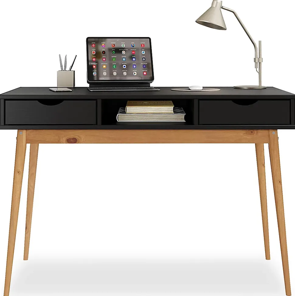 Bureau STEFANO en pin massif avec 2 tiroirs et 1 niche - Coloris noir et chêne